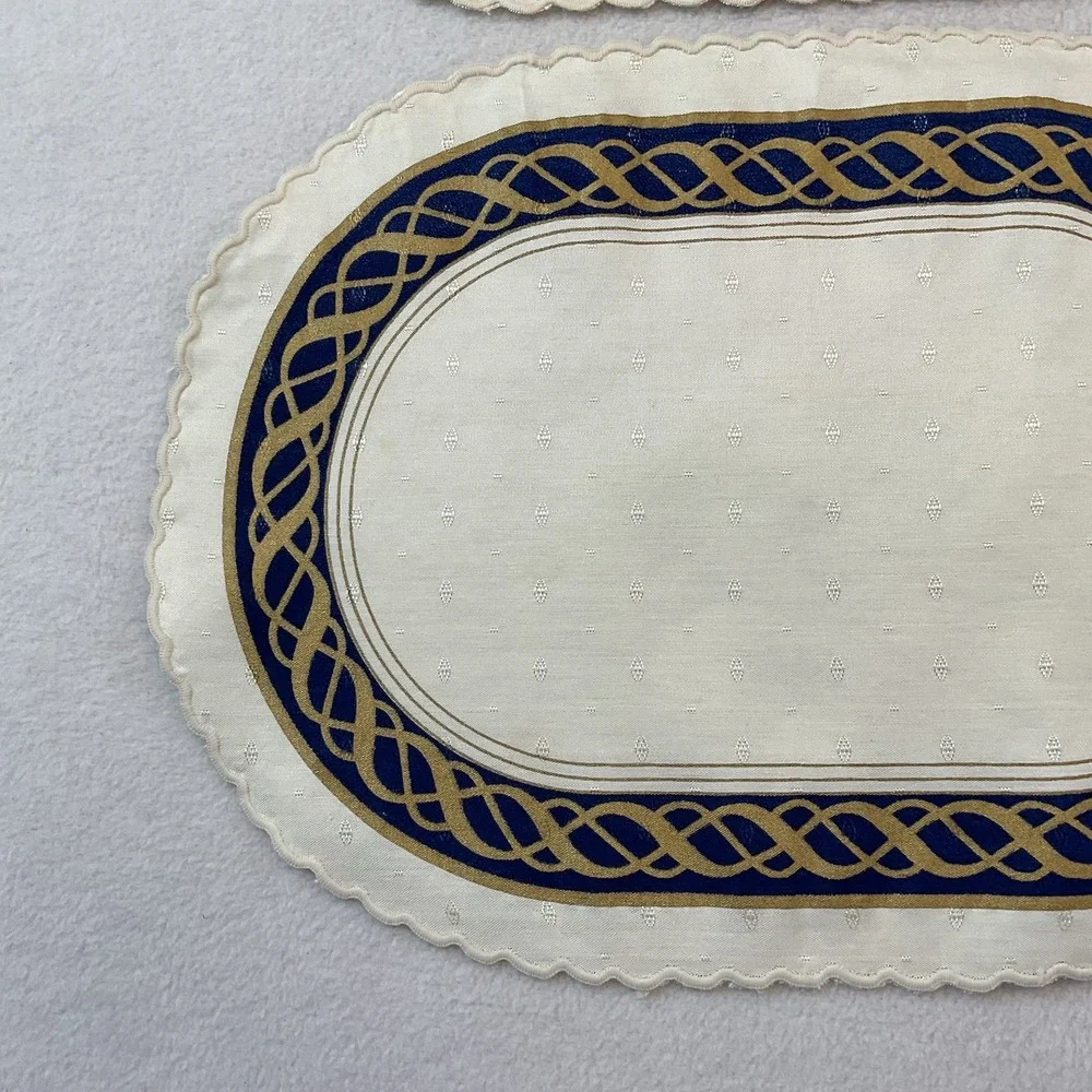 Lenox Hamilton Oval Placemats Cloth Set Of 2 Ivory Gold Navy Blue Vintage Lot #6